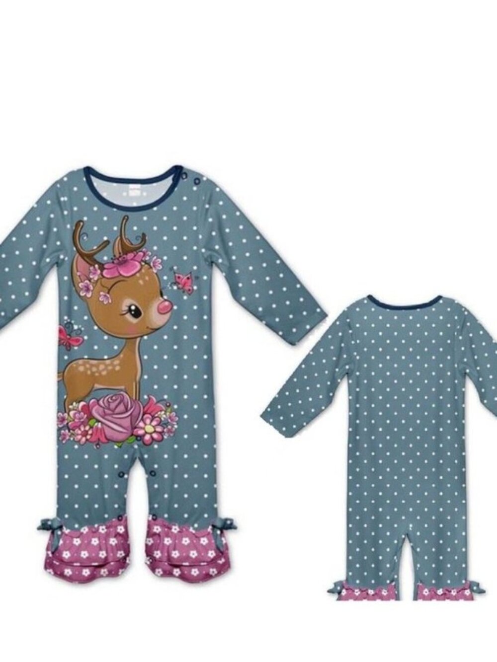 Penelope Plumm | Steel Blue Dot Floral Deer Ruffle Playsuit | Size 6 Months